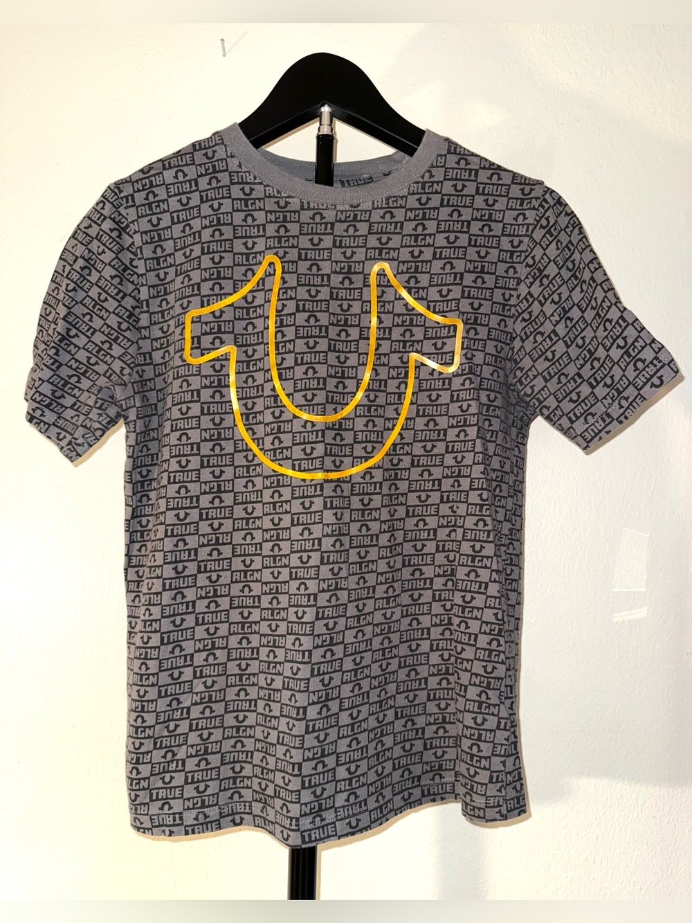 True Religion Kids' Grey Tee with Yellow Logo, size 14/16